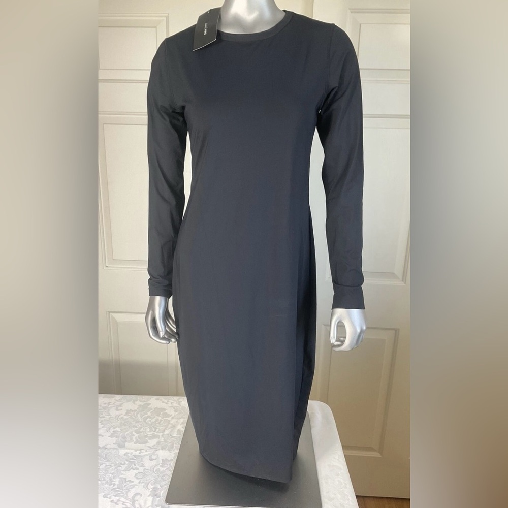 ZARA Women's Basic Poly Blend Black 3/4 Sleeve Crew Neck Dress Size Large